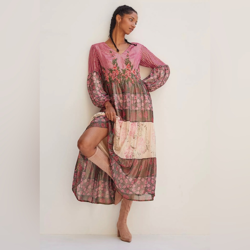 Mynah's Reynu Taandon Embroidered Floral Shimmer Maxi Dress